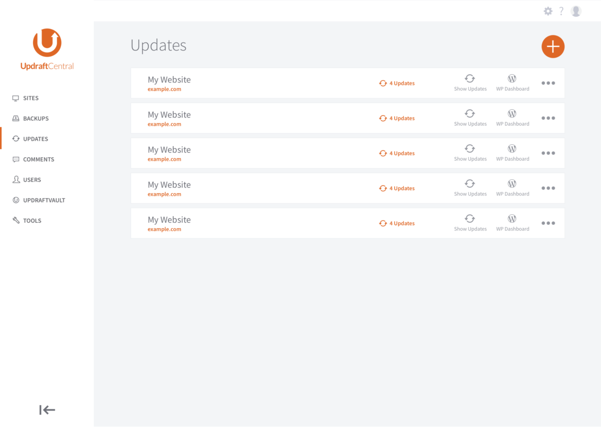 UI design UpdraftCentral updates dashboard desktop
