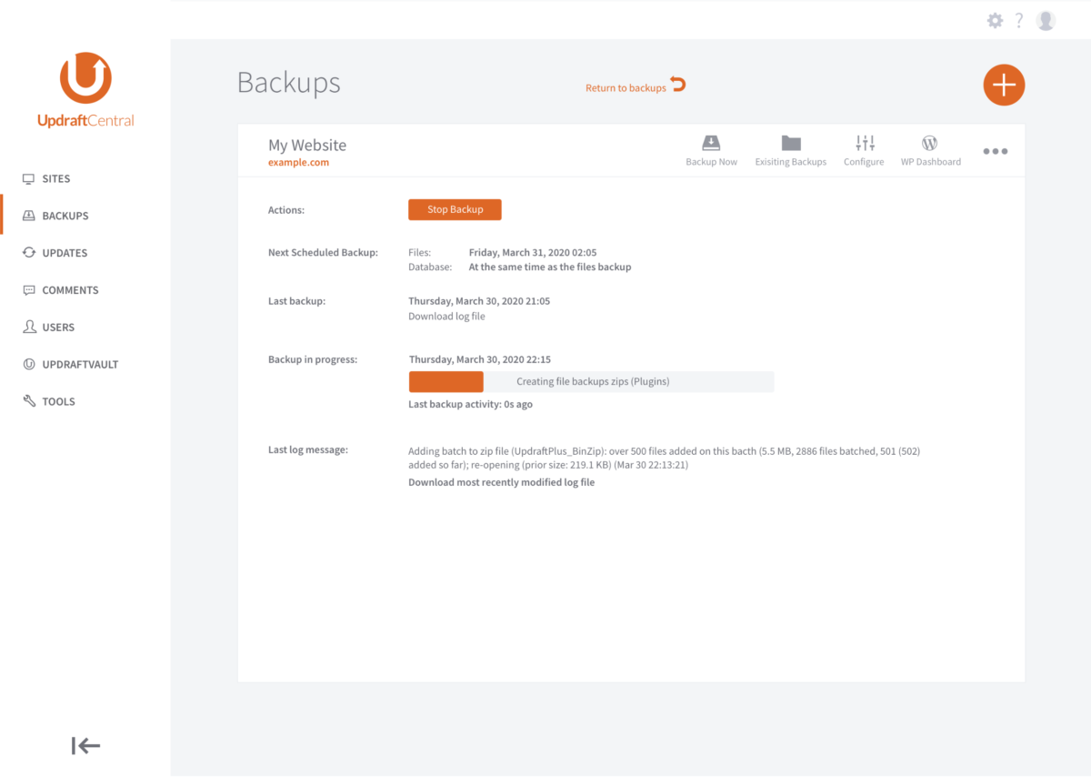 UI design UpdraftCentral WordPress backup progress dashboard desktop