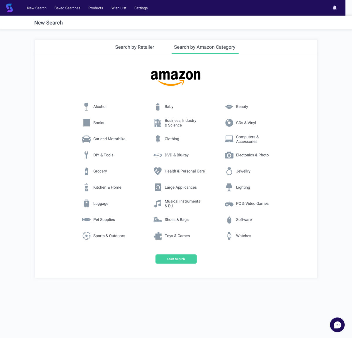 Startup UI design Source Mogul Amazon product category desktop